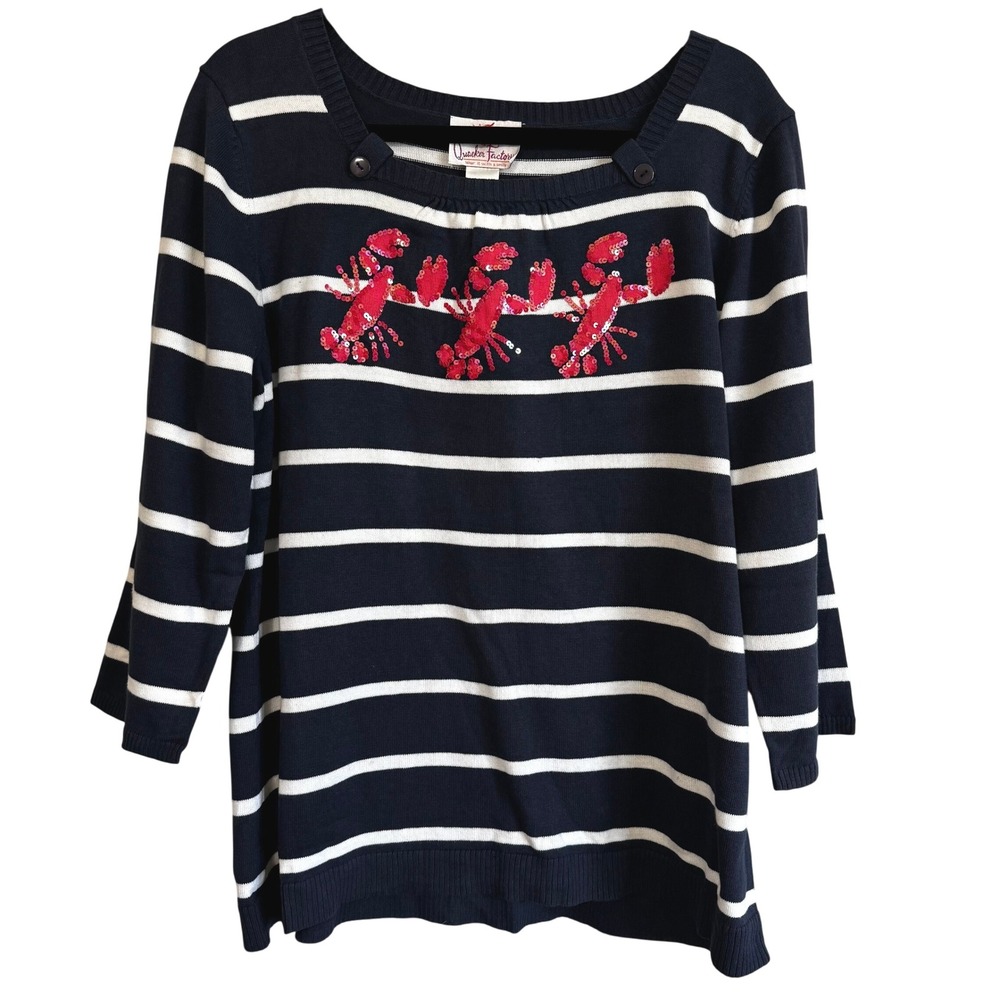 Quacker Factory Navy Striped Sequin Lobster Sweater Womens L Nautical Coastal